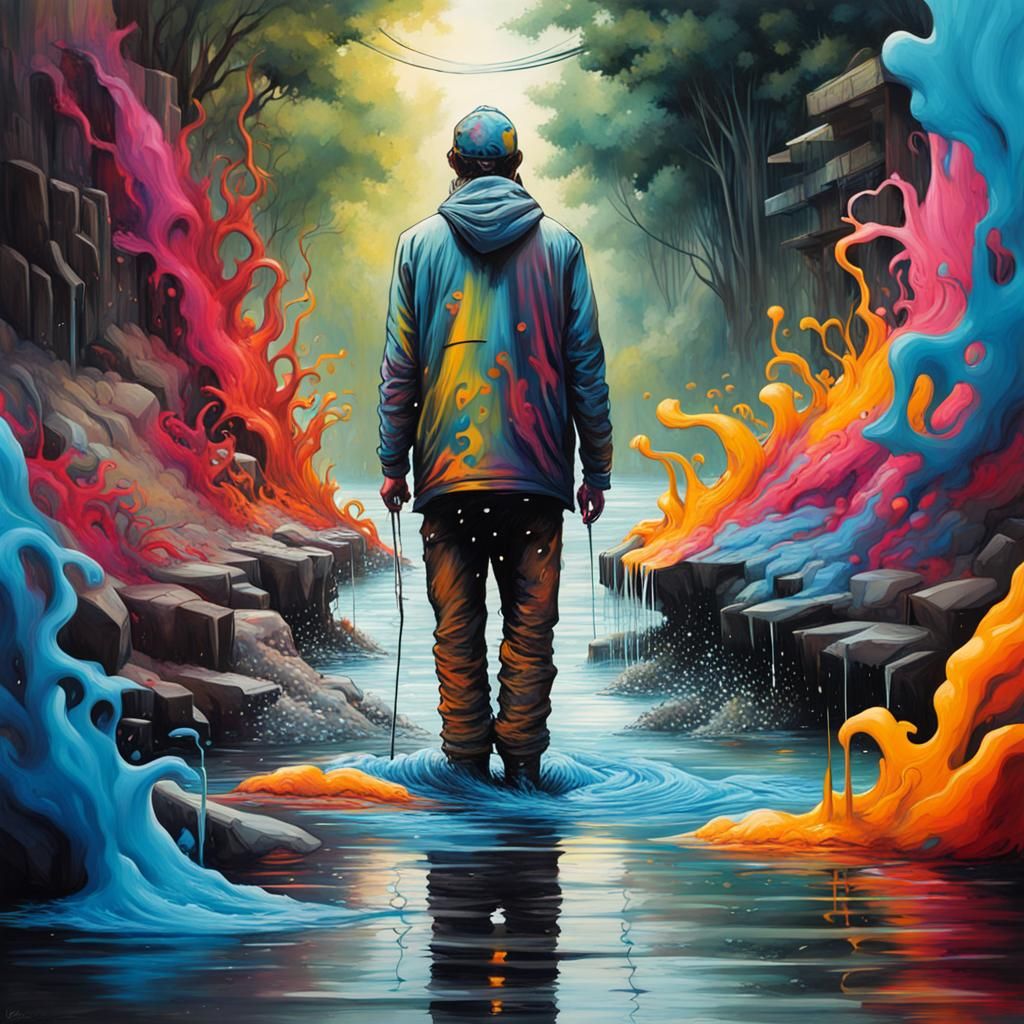 Colorful Graffiti Art: Man in River