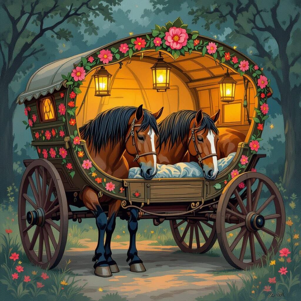 Horses Sleeping in Decorated Cart, Storybook Illustration St...