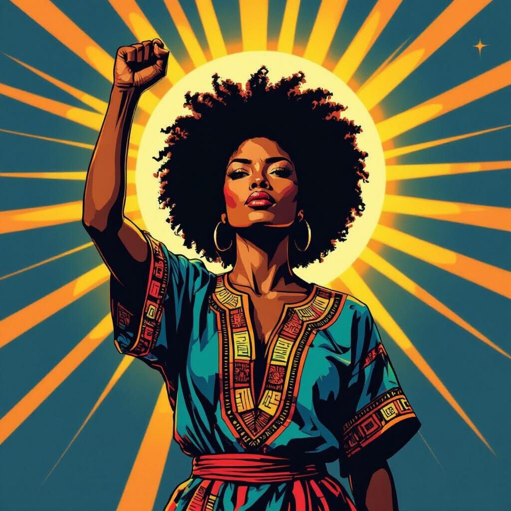 Powerful Black Woman with Fist Raised in Defiance