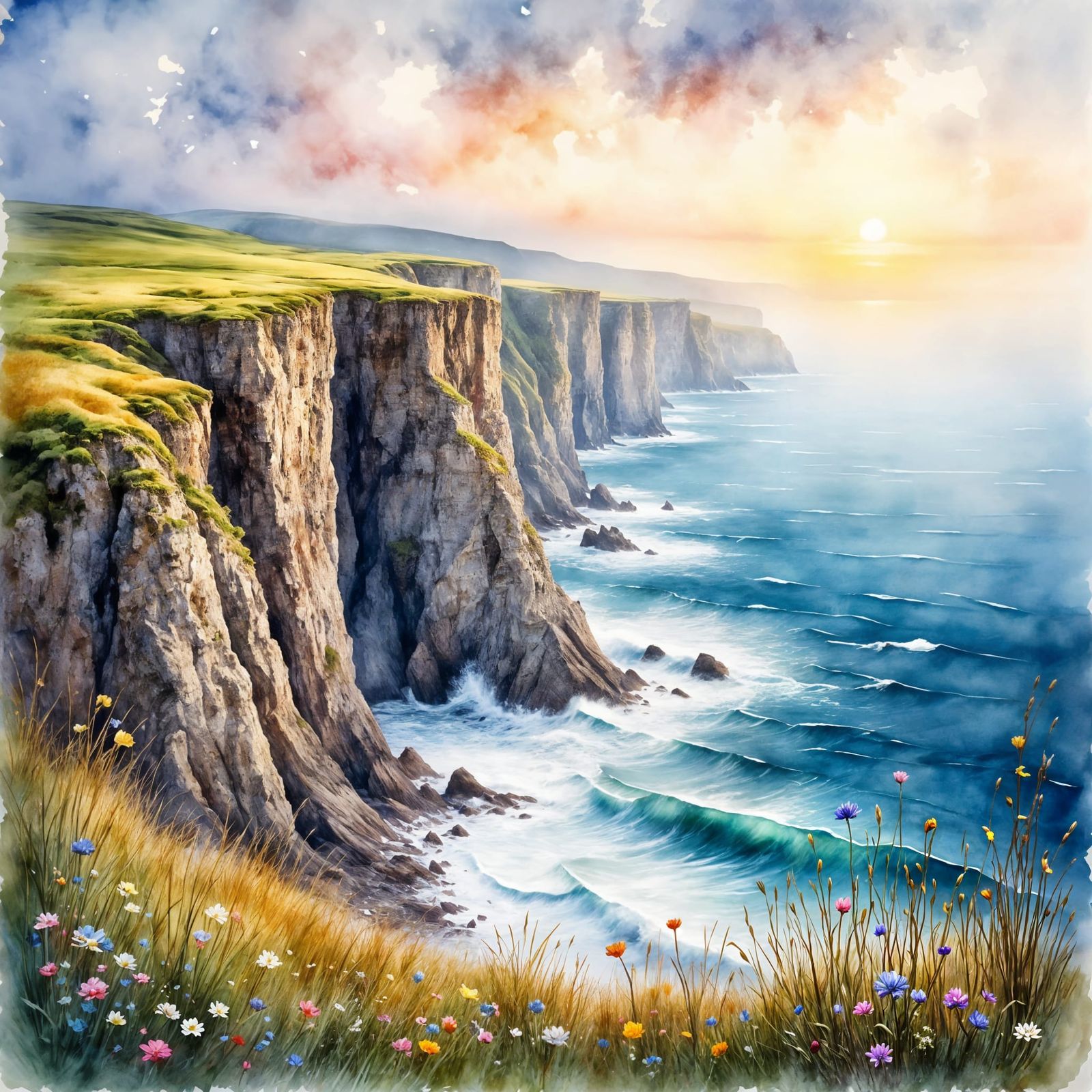 Cliffs of Moher at Dawn in Watercolor Style