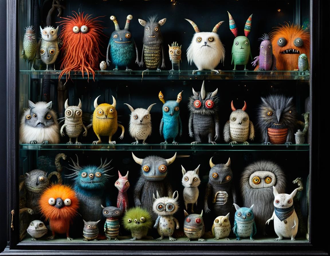 Cute Monsters in Whimsical Cabinet of Curiosities