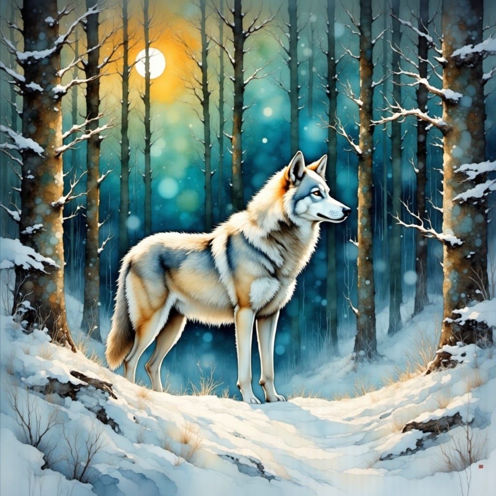 Serene Wolf in Whimsical Winter Landscape