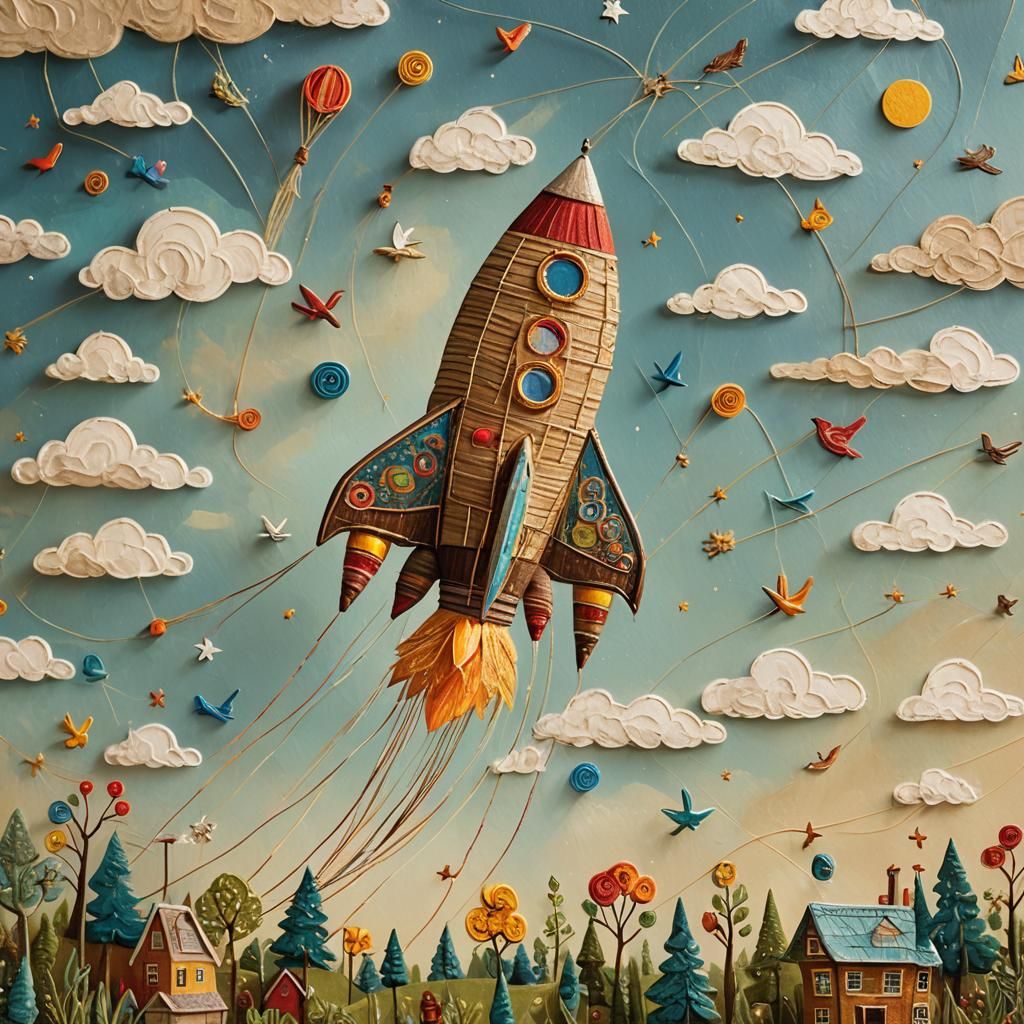 Whimsical String Rocketship in Folk Art Style