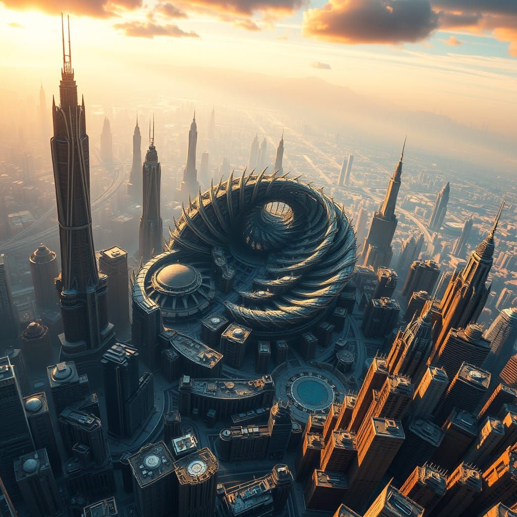 Vibrant Futuristic Metropolis with Fractal Vortex Architectu...