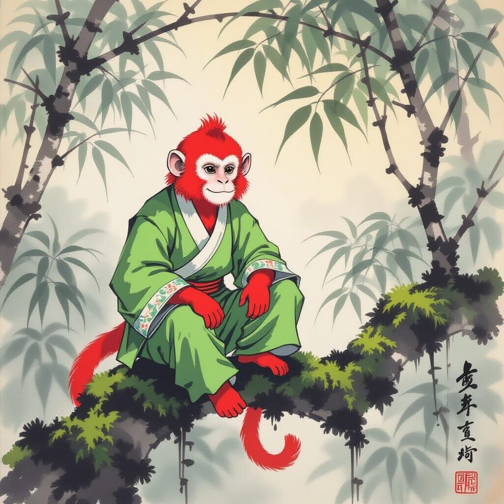 Close-up of a red-headed monkey sitting on a moss-covered branch, Chinese ink painting