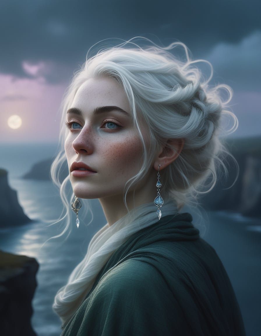 Elf Woman on Cliff Edge at Night in Impressionist Style