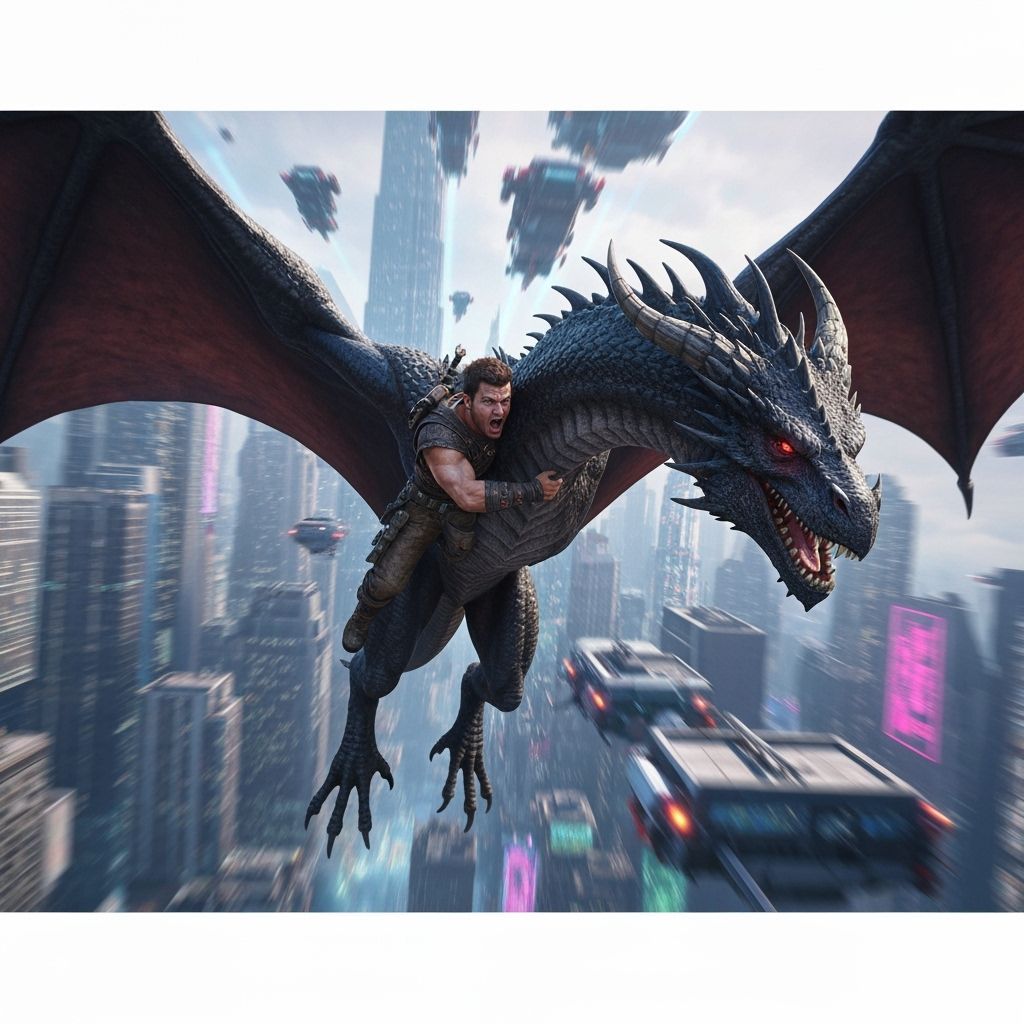 Dragon Rider Soaring Through Cyberpunk Cityscape