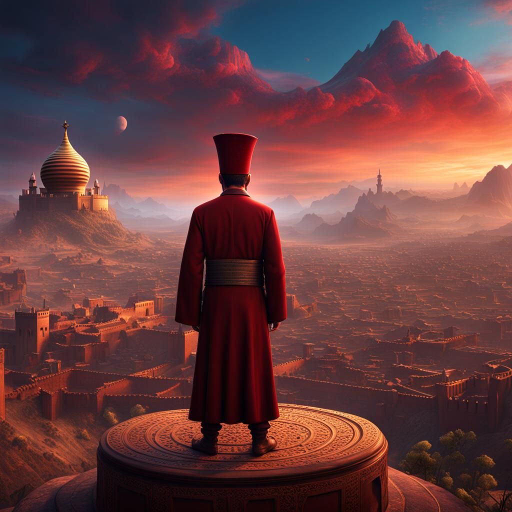 Man in Fez Overlooking World: Detailed Matte Painting