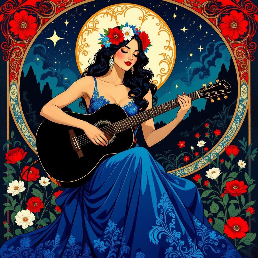 Woman with Guitar in Art Nouveau Landscape