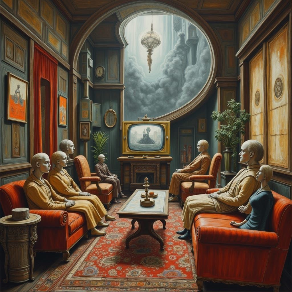 Escher Style Surreal Living Room with Porcelain Figures