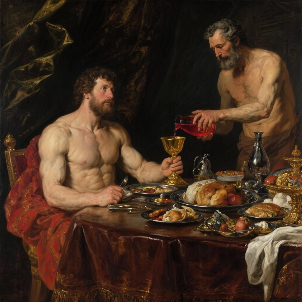Muscular King Lycomedes Enjoys Lavish Feast in Classical Pai...