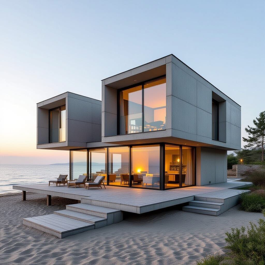Scandinavian Cubist Beach Houses at Sunset