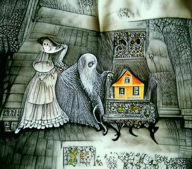 Friendly Ghost in Haunted House: Storybook Illustration