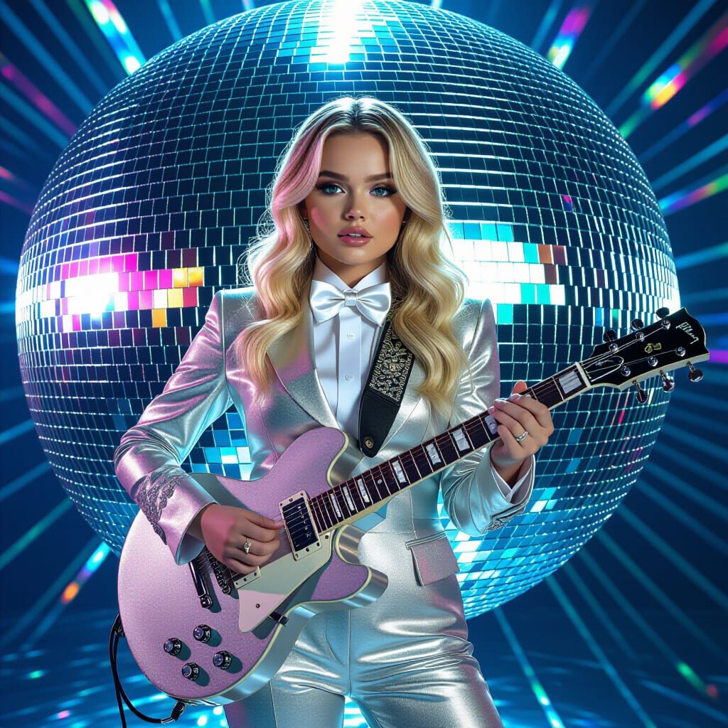 Woman with Guitar in Prismatic Disco Ball Room