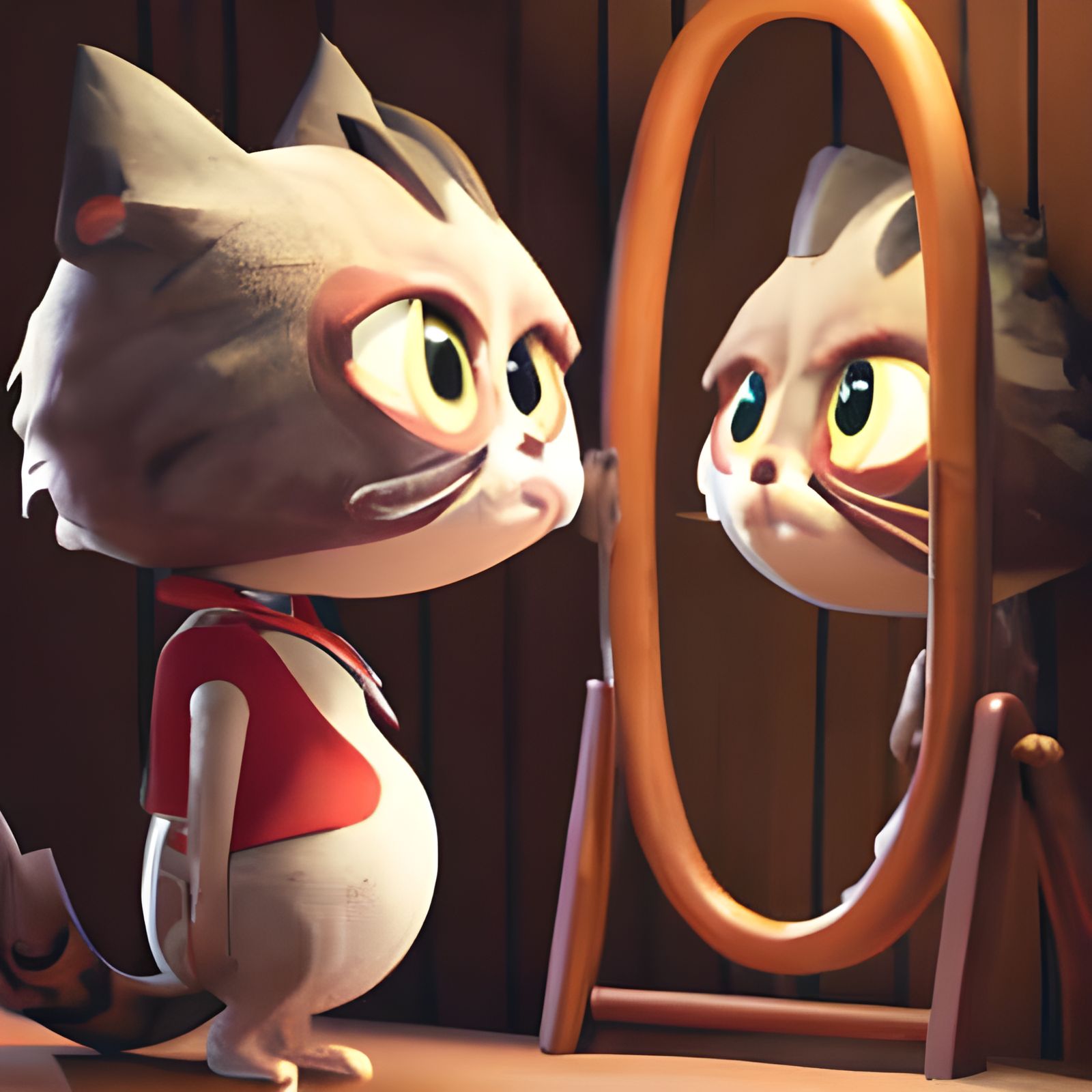 Chibi Cat and Mirror Reflection: Digital Illustration
