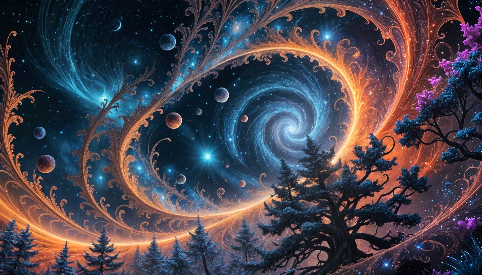 Fractal night sky over the forest