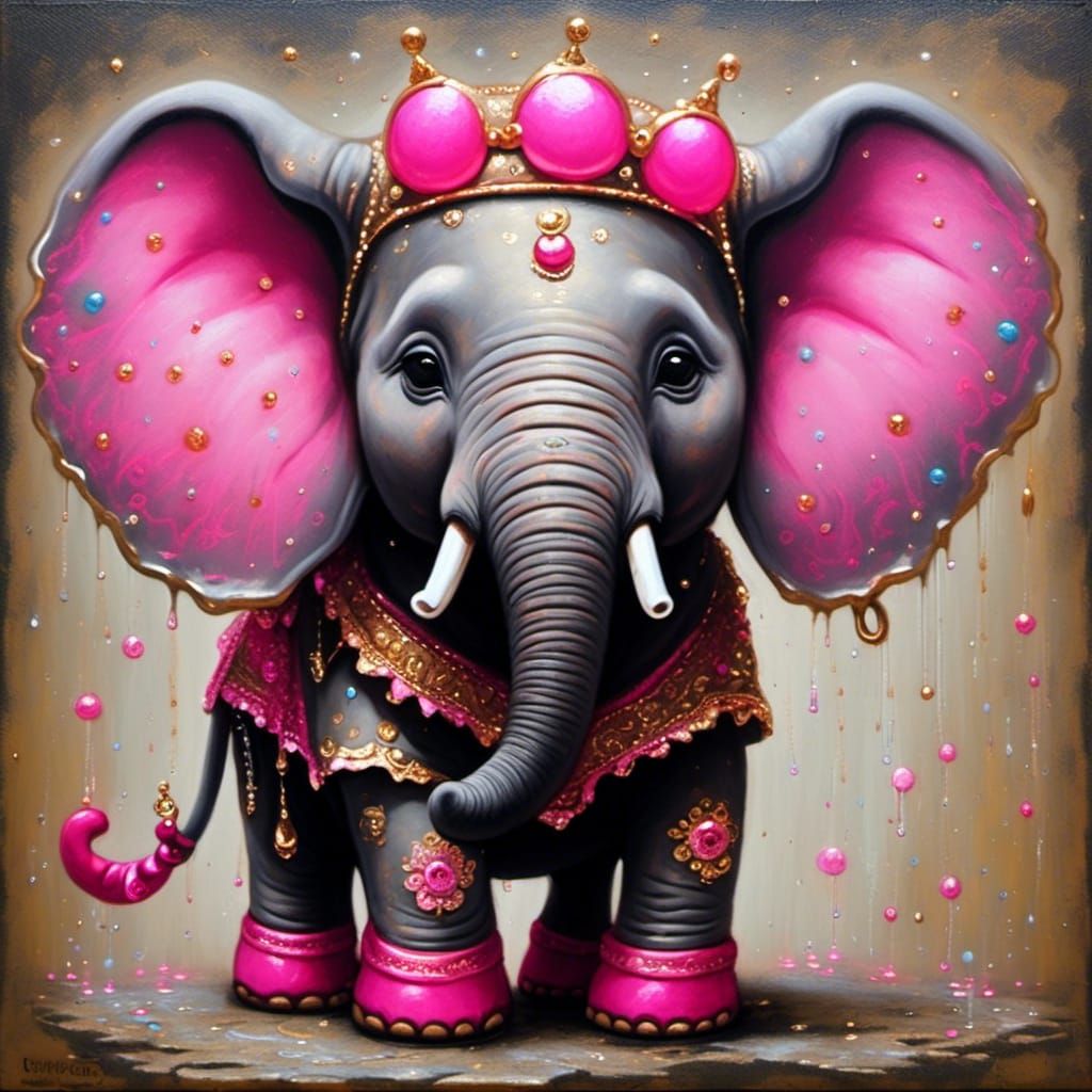 Elephant in Tutu: Oil Painting on Cracked Canvas