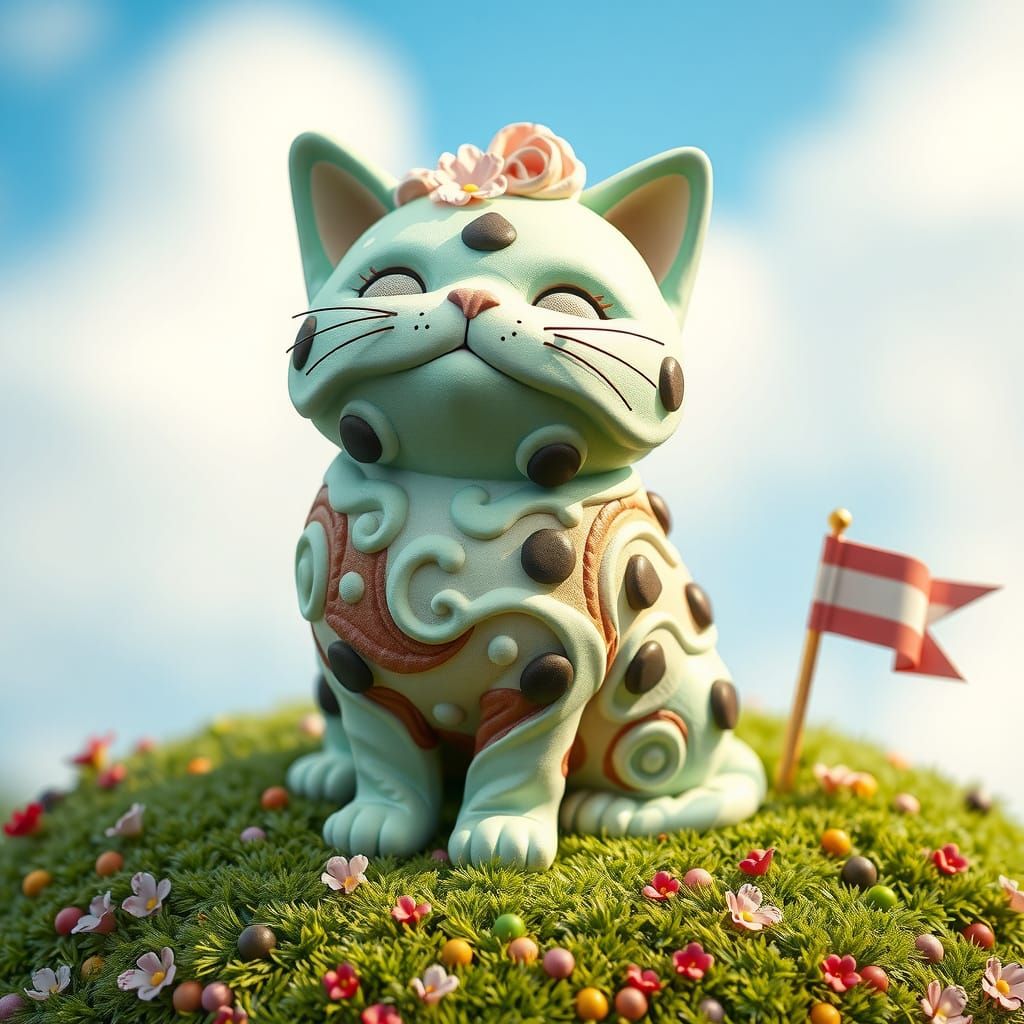 Whimsical Summer Cat Sculpture in Vibrant Digital Art