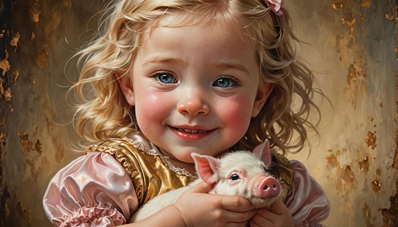 Girl Cradling Piglet in Hyperrealistic Oil Painting