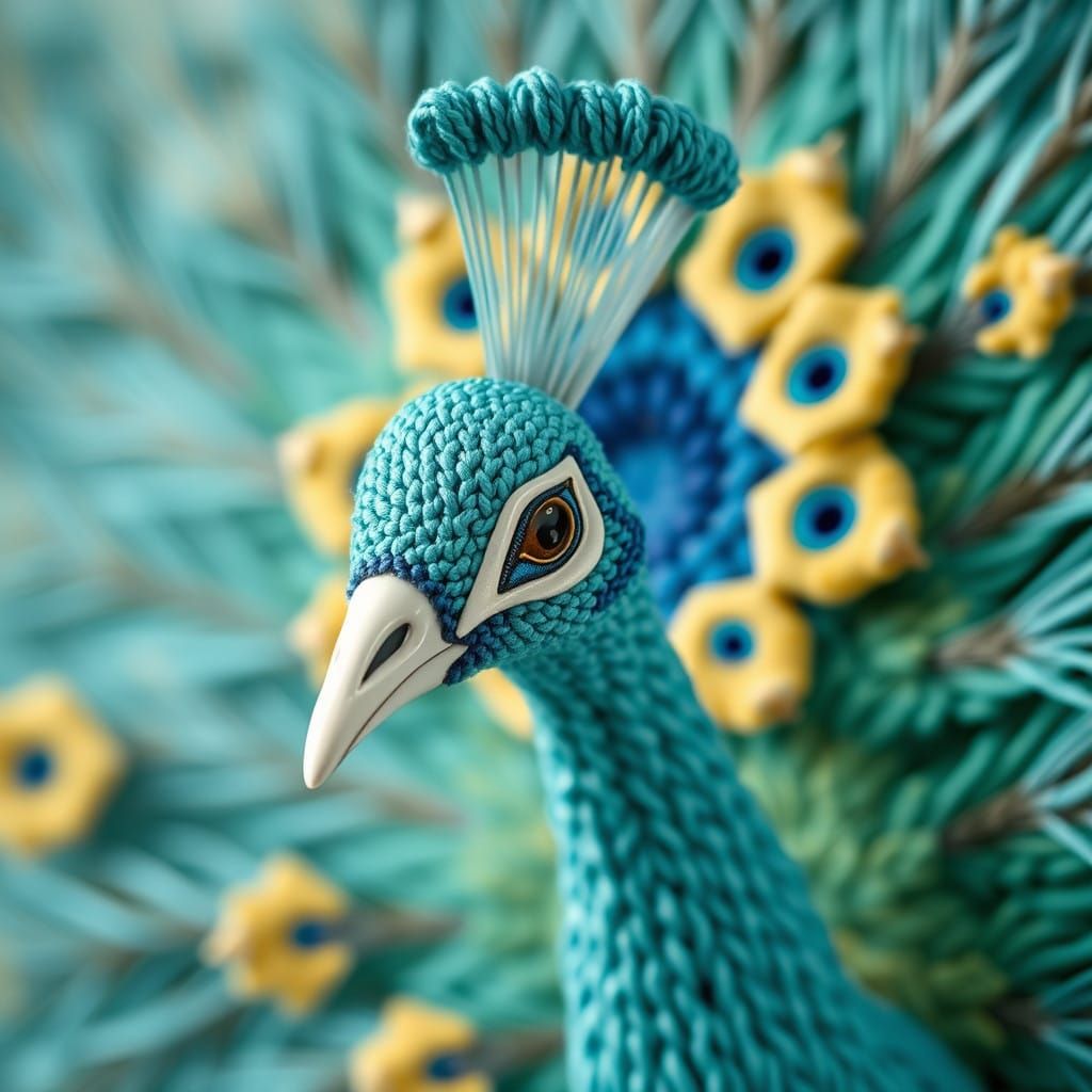 Vibrant Knitted Peacock Unfurls in Turquoise Majesty