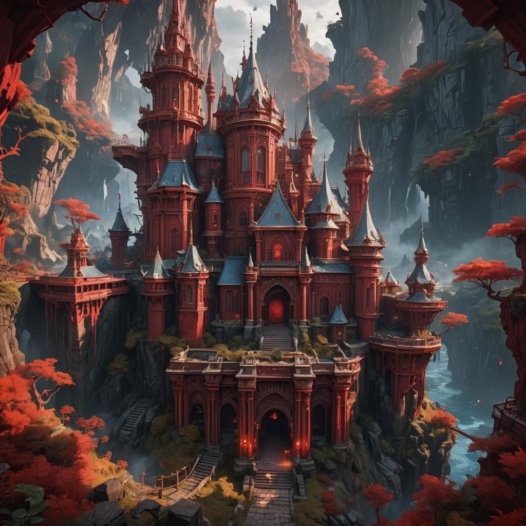 Detailed Red Fantasy Matte Painting in Deep Color