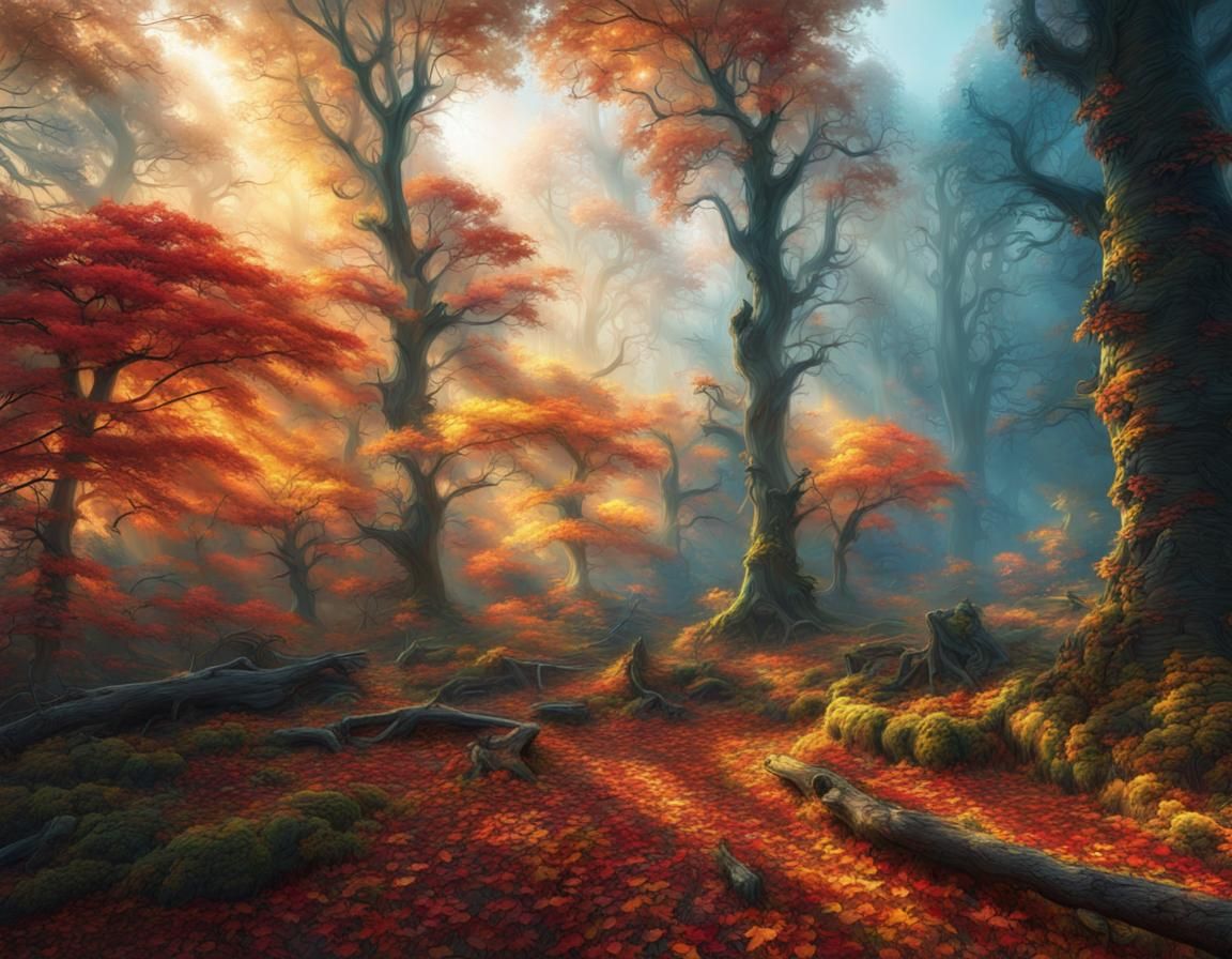Colorful Autumn Forest Morning Digital Painting
