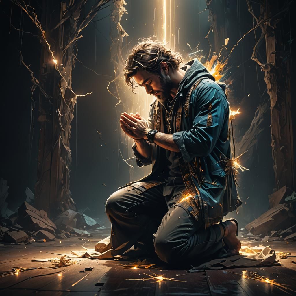 Man Praying in Dark Room with Divine Light