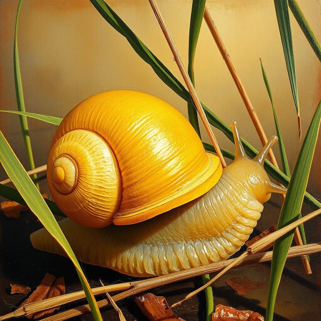 Surreal Lemon Snail Crawls Through Vibrant Grasses