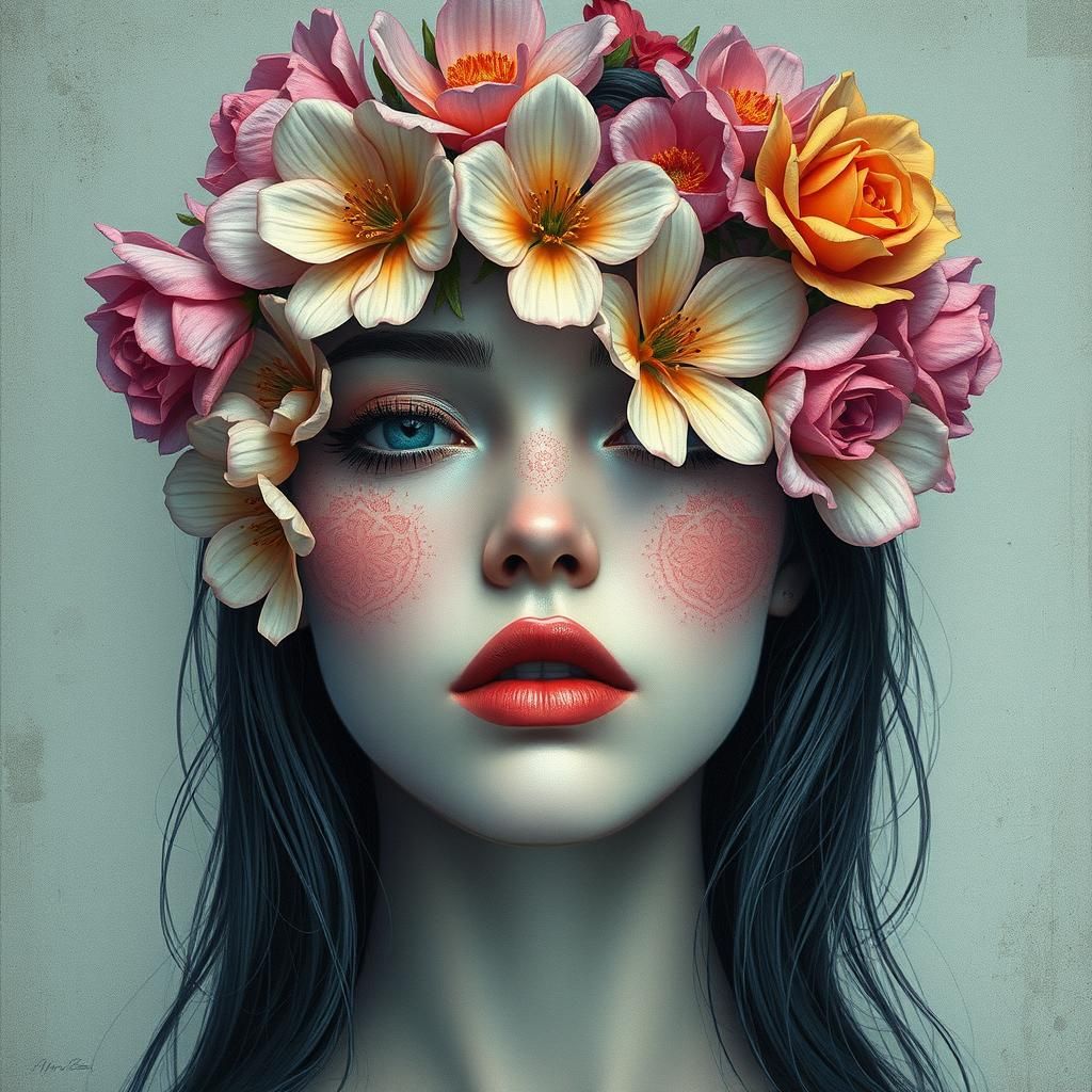 Cyberpunk Floral Face Art: Delicate Patterns and Neon