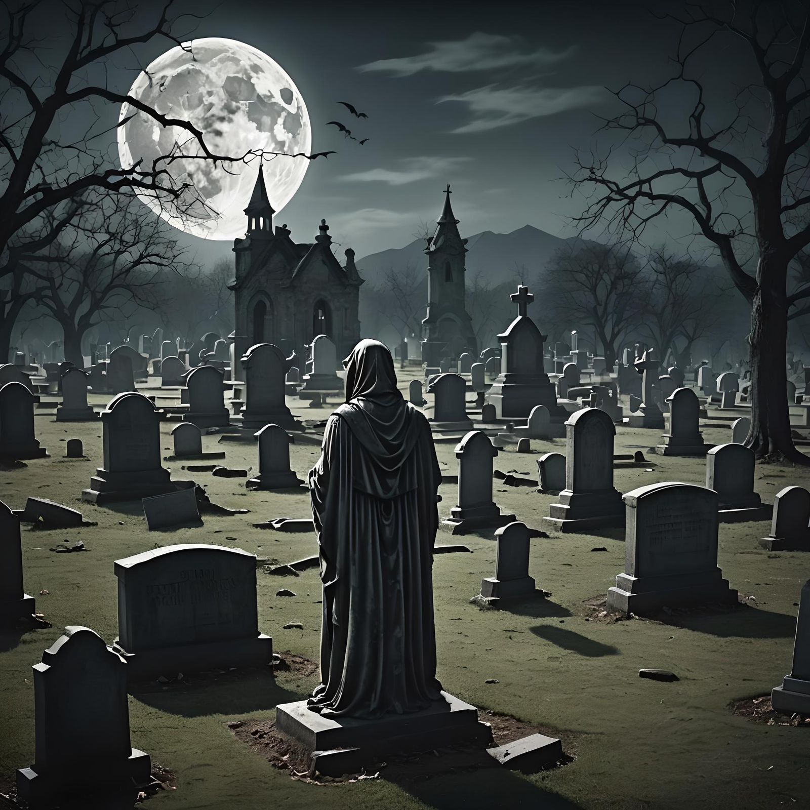 Menacing Apparitions Haunt Graveyard in Moonlight
