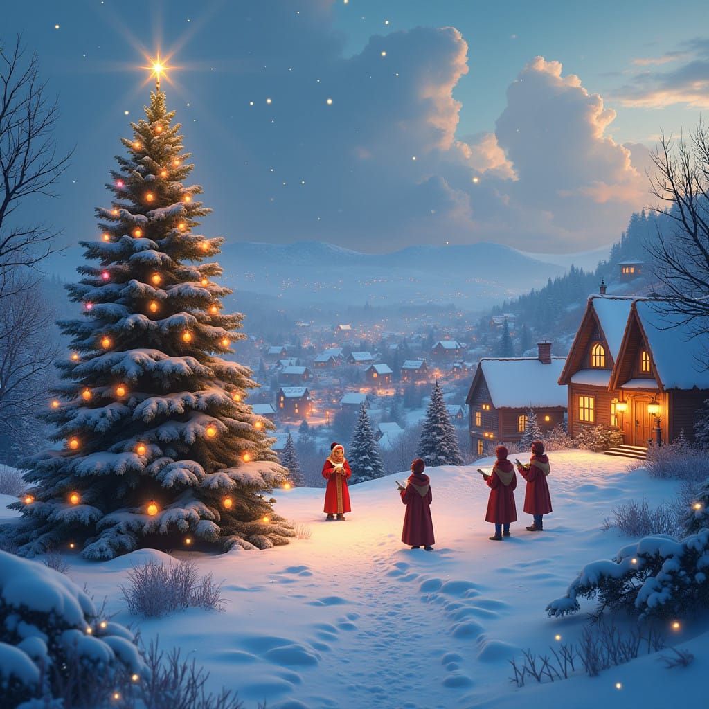 Winter Wonderland Village Scene with Carol Singers and Majes...