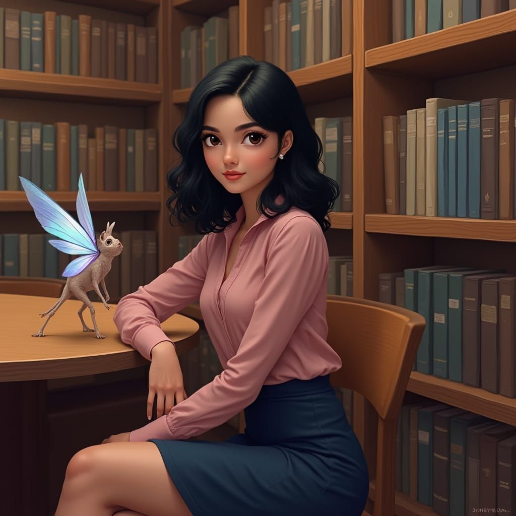 Spanish Woman in Library: Hyperrealistic Digital Art