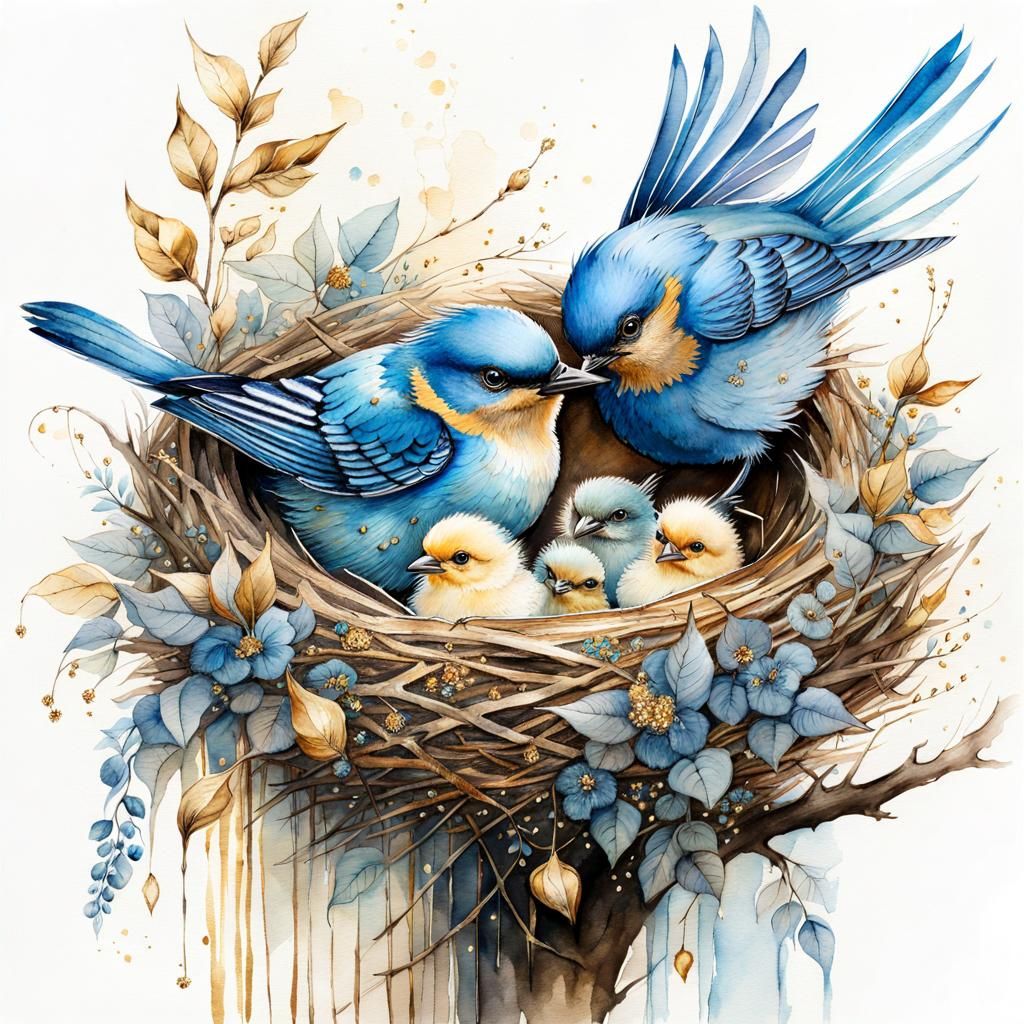 Whimsical Blue Bird Family in Watercolor Nest
