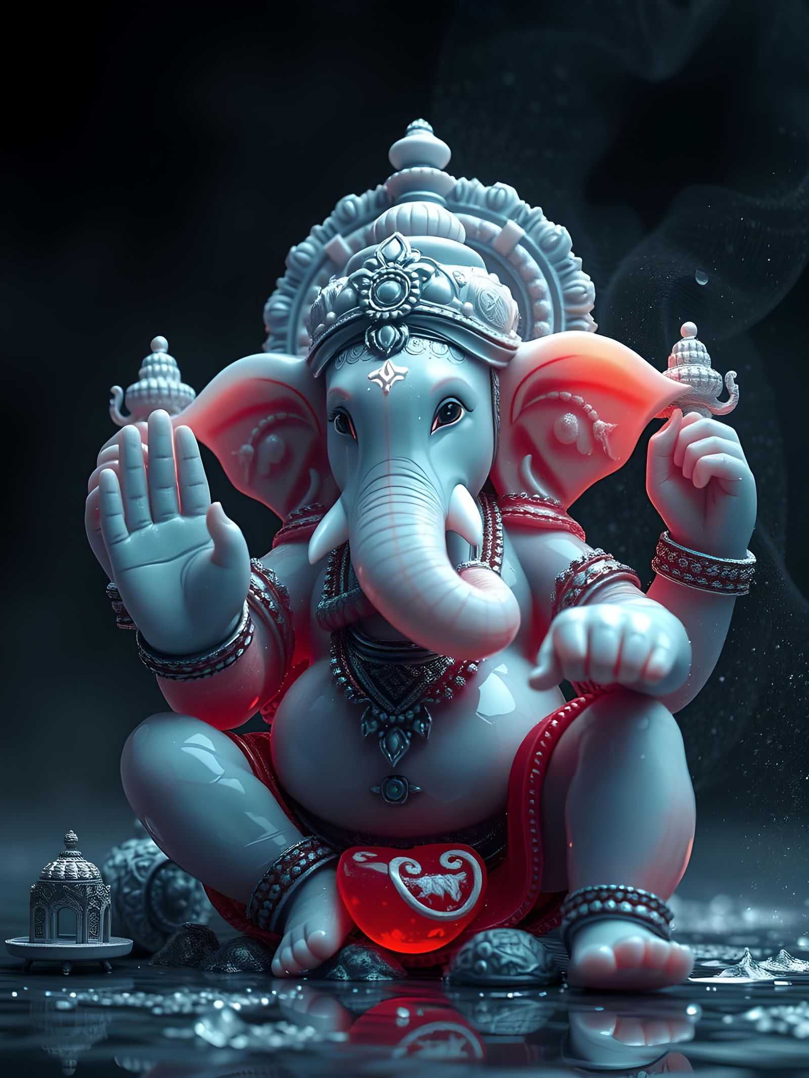 Adorable Ganesha with Jade Arms: 3D Digital Art