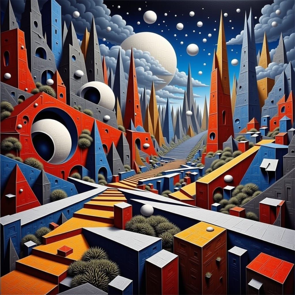 Vibrant Geometric Oil Painting with Art Deco and Futurist Fl...