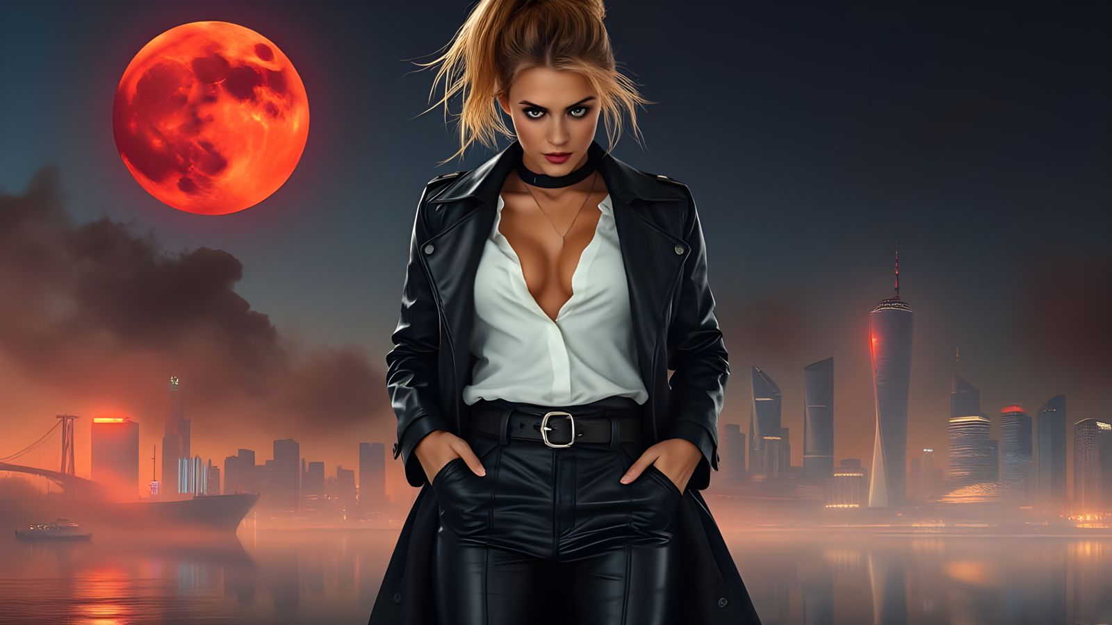 Swedish Woman in Futuristic Cityscape at Dusk