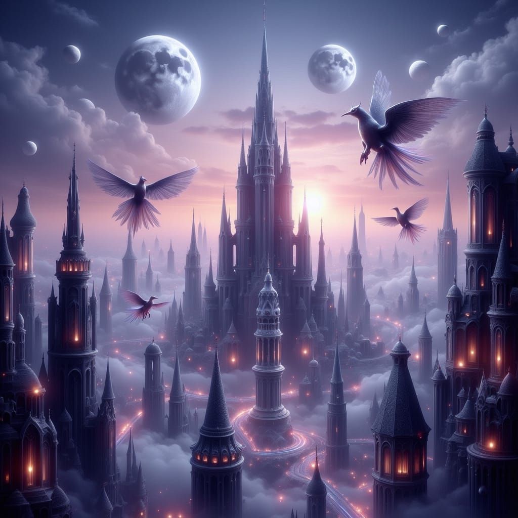 Gothic Futuristic Cityscape Under Twin Moons