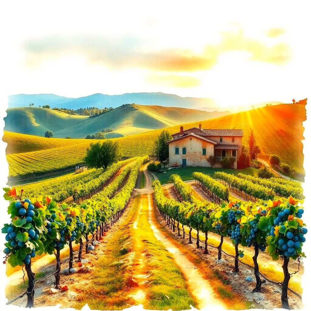Surreal Tuscan Vineyard in Vibrant Watercolor