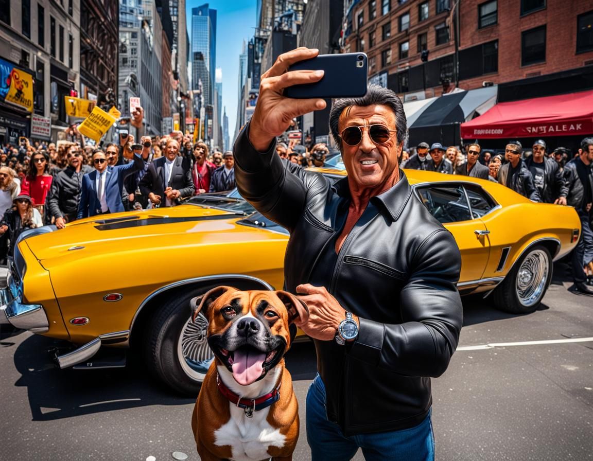 Sylvester Stallone Selfie with Boxer Dog Caricature
