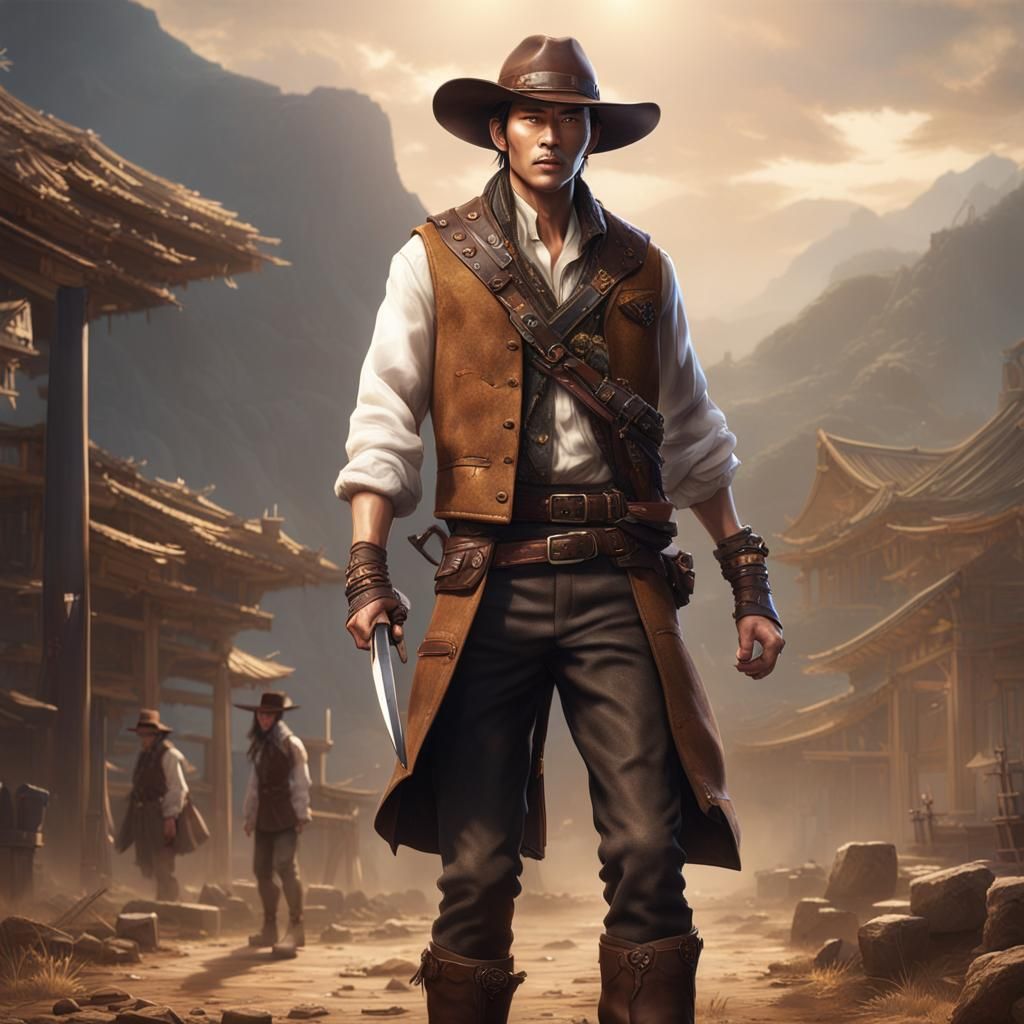 Korean cowboy with knife sheath in right boot, dressed in brown vest, pants, boots, hat, and white shirt.