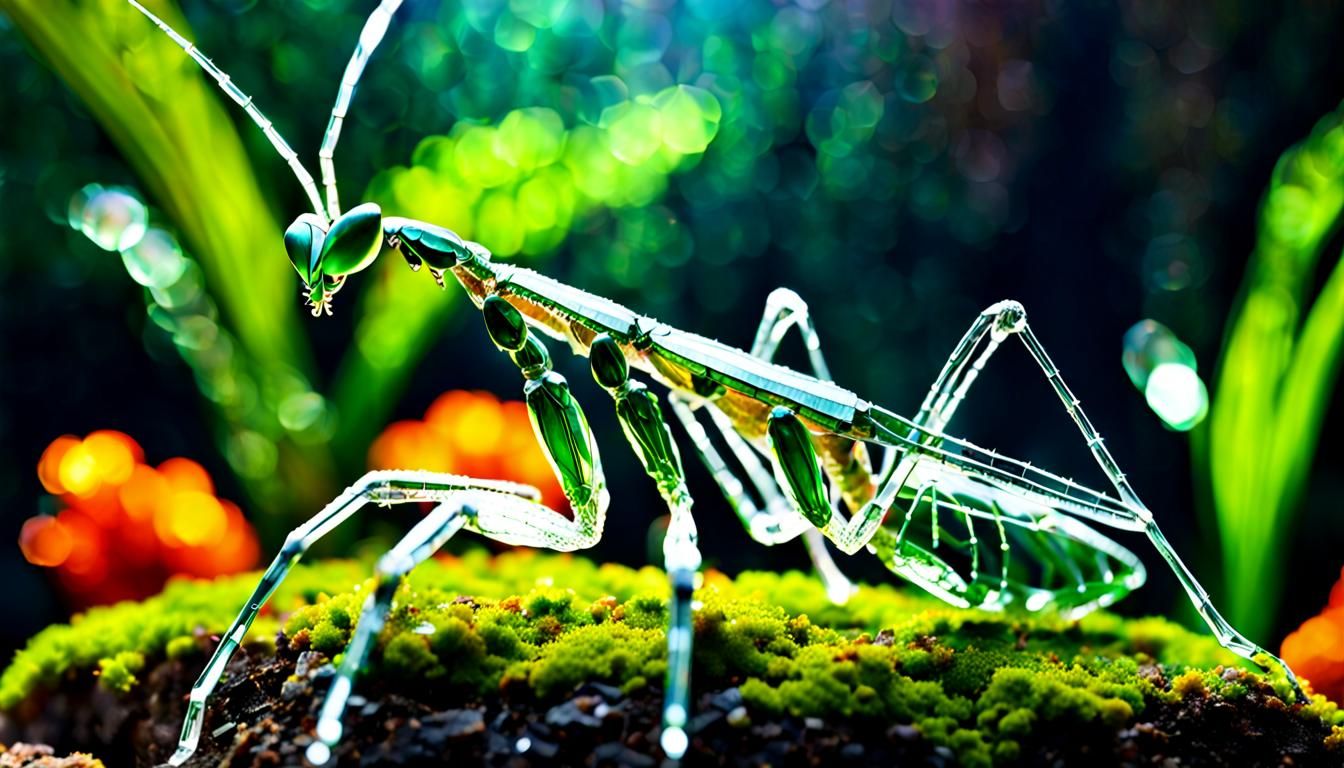 Crystal Praying Mantis Statue in Garden, Hyperrealistic