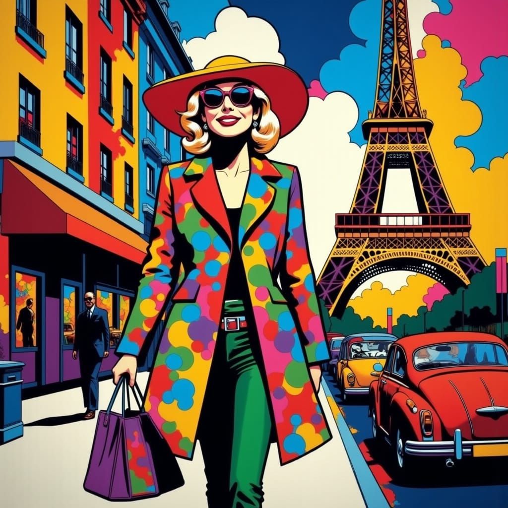Woman in Paris near Eiffel Tower in Vibrant Pop Art