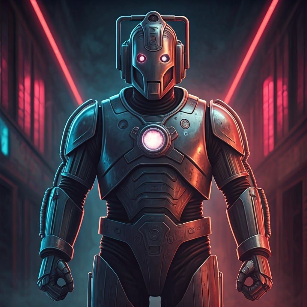 Retro-Futuristic Cyberman Hero Stands Tall in Dark Alleyway