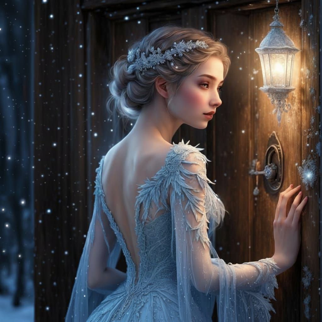 Whimsical Winter Sprite at a Snow-Dusted Doorway