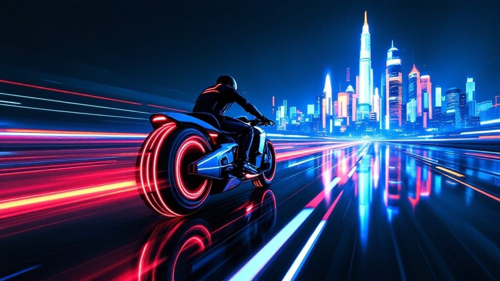 Cyberpunk Lightcycle Zooms Down Shimmering City Highway