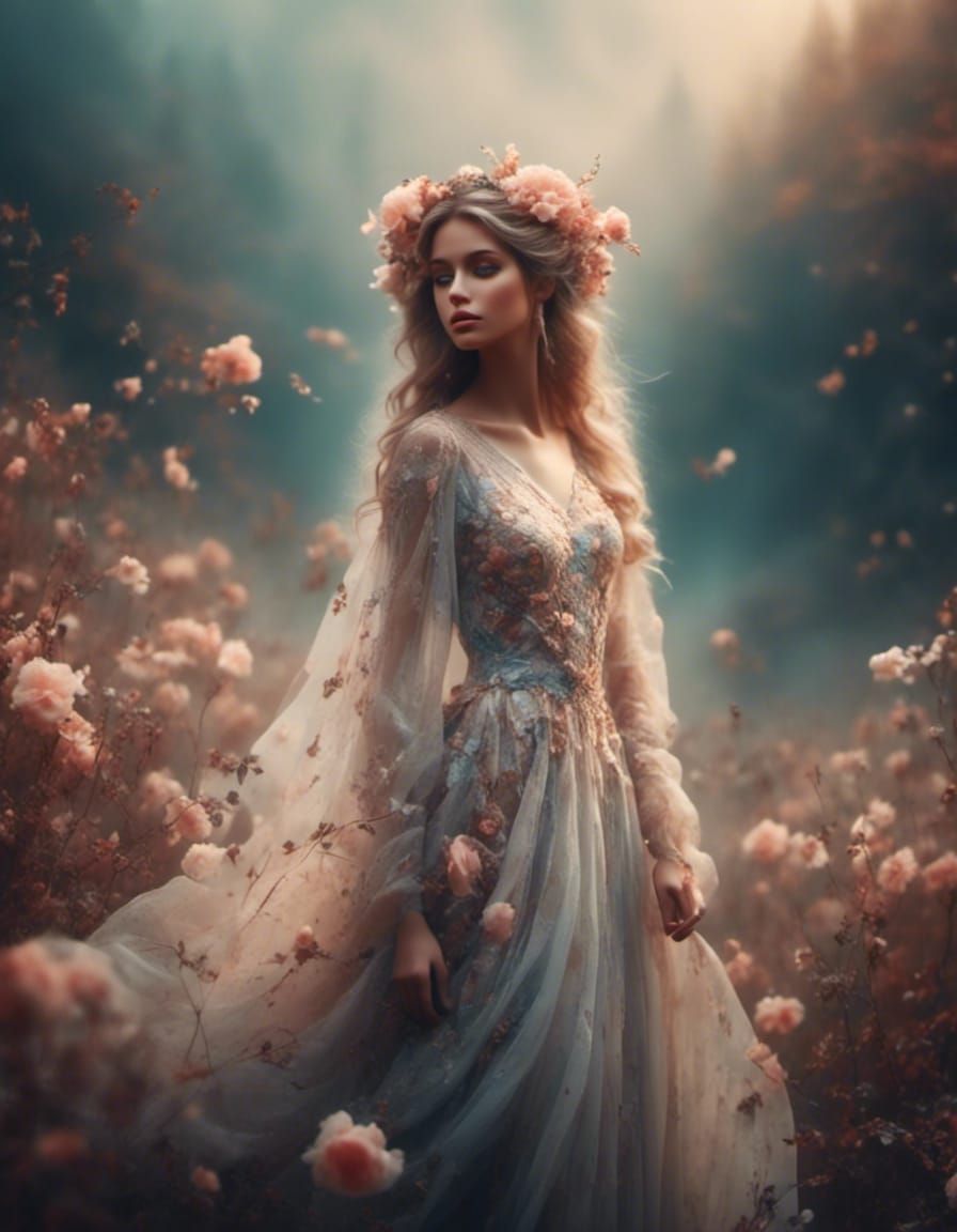 Ethereal Woman in Dreamlike Floral Landscape