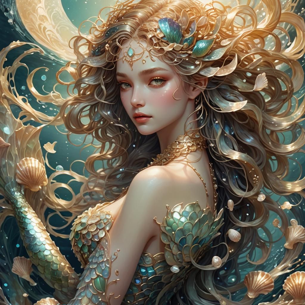 Shimmering Siren in Moonlit Sea: Fantasy Art