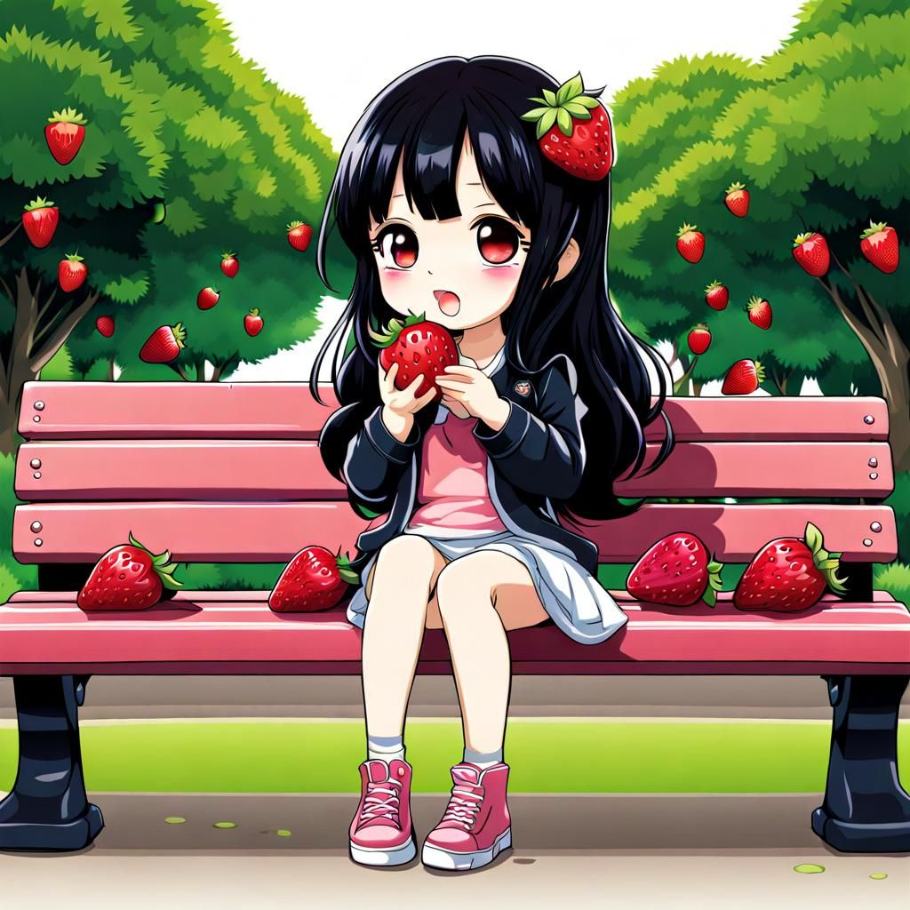 Chibi Anime Girl Eating Berries on Park Bench