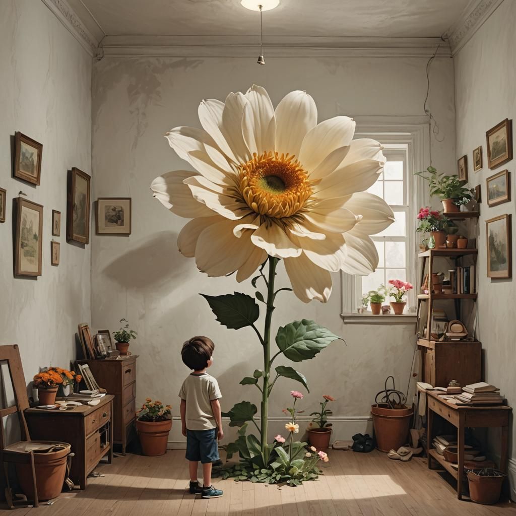Giant Boy and Flower in Small Room