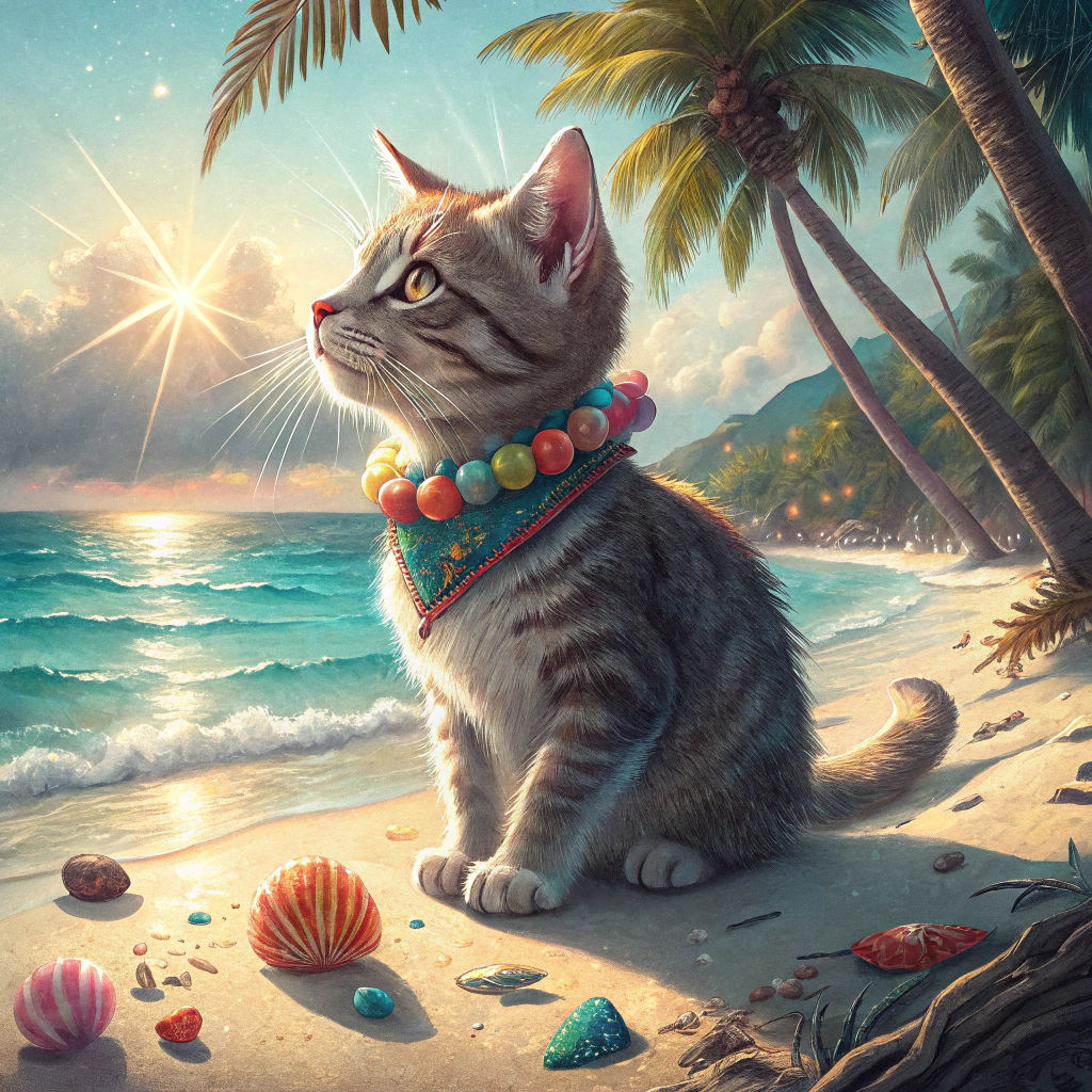 Whimsical Kitty Lounging on Sunny Beach in Matte Painting St...